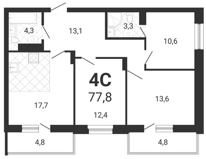 Планировка 4е-к.кв 74.92 м² в ЖК «Тетрис»