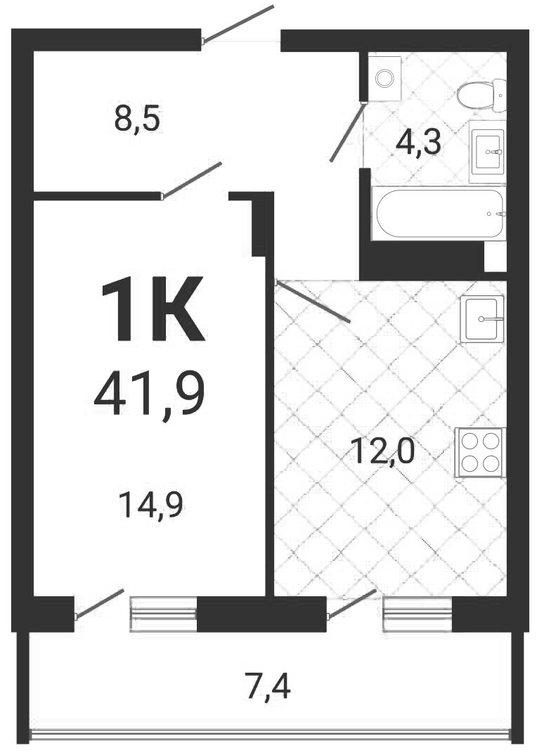 Планировка 1-к.кв 39.68 м² в ЖК «Тетрис»