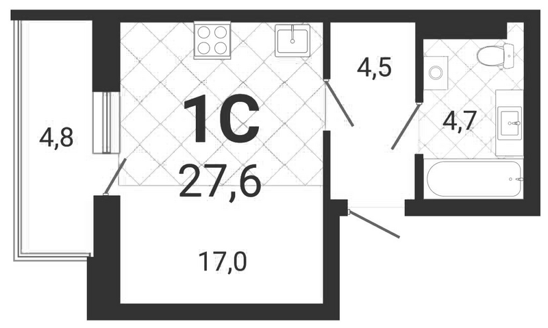 Планировка студии 26.16 м² в ЖК «Тетрис»