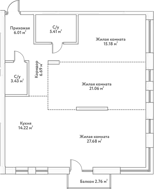 Планировка 3е-к.кв 99.68 м² в ЖК «Flora&Fauna»