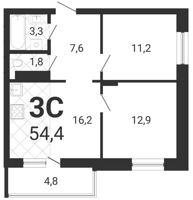 Планировка 3е-к.кв 52.96 м² в ЖК «Тетрис»