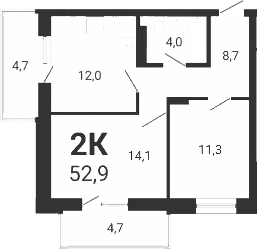 Планировка 2-к.кв 50.08 м² в ЖК «Тетрис»