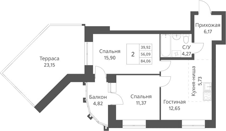 Планировка 2-к.кв 56.09 м² в ЖК «Фора»