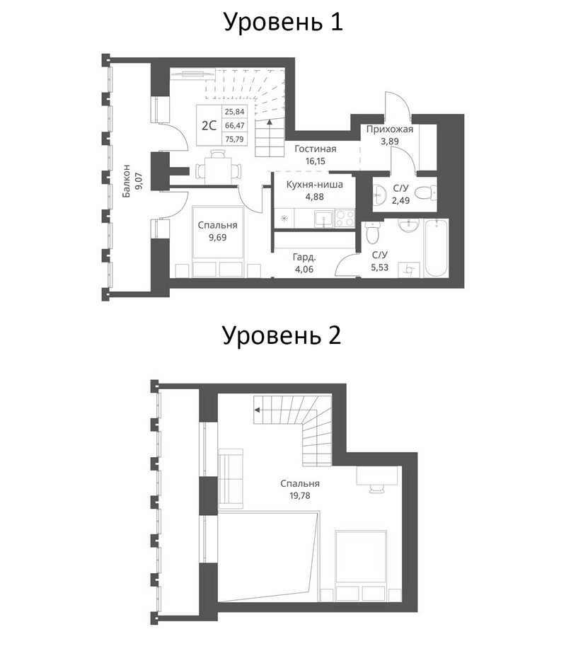 Планировка 2-к.кв 66.47 м² в ЖК «Фора»