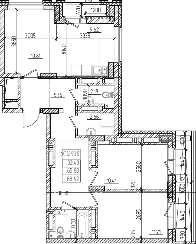 Планировка 3е-к.кв 65.80 м² в ЖК «Чернышевский»