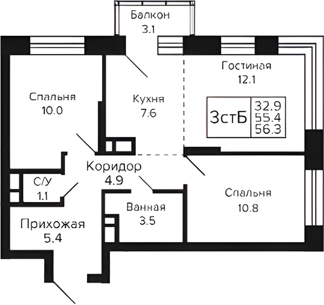 Планировка 3е-к.кв 55.40 м² в ЖК «Цитатум»