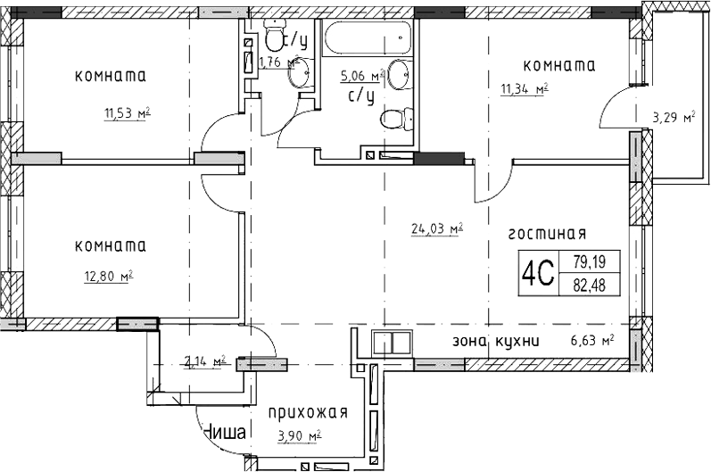 Планировка 4е-к.кв 79.19 м² в ЖК «Гвардия»