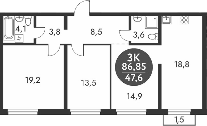 Планировка 3-к.кв 86.40 м² в ЖК «Скандинавские кварталы»