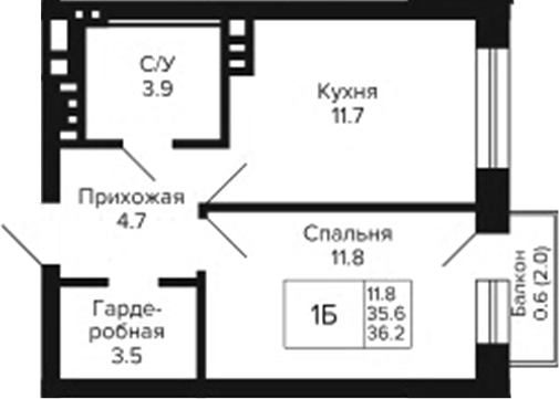 Планировка 1-к.кв 35.60 м² в ЖК «Сподвижники»