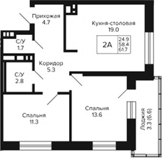 Планировка 2-к.кв 58.40 м² в ЖК «Сподвижники»