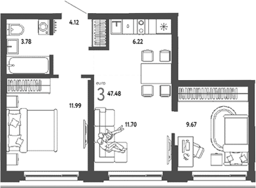 Планировка 3е-к.кв 47.48 м² в ЖК «Страна. Береговая»