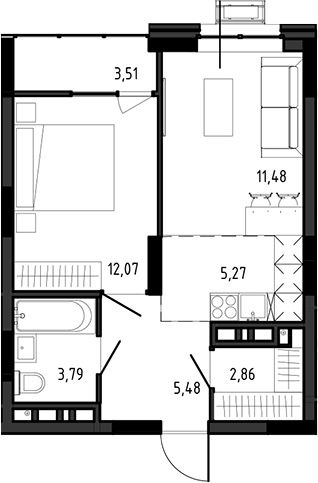 Планировка 2е-к.кв 40.95 м² в ЖК «Ясный Берег»