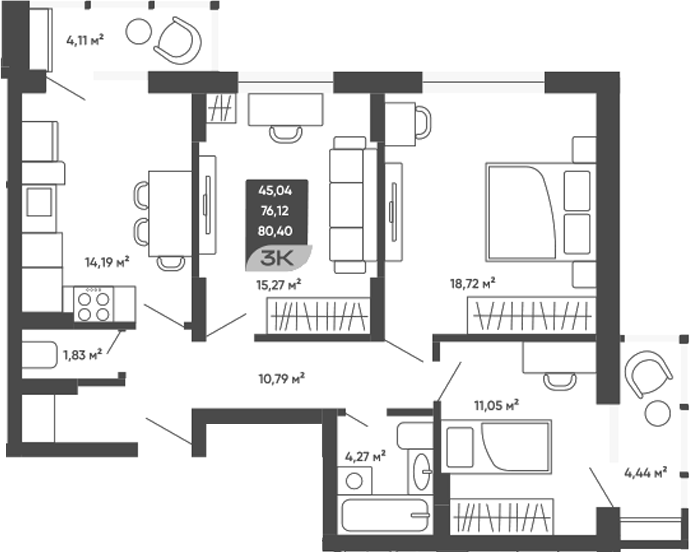 Планировка 3-к.кв 76.12 м² в ЖК «Мичурин»