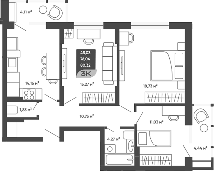 Планировка 3-к.кв 76.04 м² в ЖК «Мичурин»