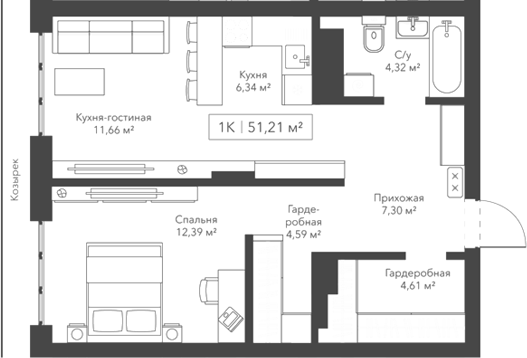 Планировка 1-к.кв 51.21 м² в ЖК «Виларт/Willart»