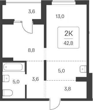 Планировка 1-к.кв 39.20 м² в ЖК «Квартал Цветной Бульвар»