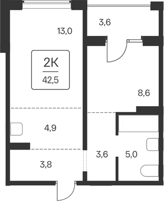 Планировка 1-к. квартира 38.90 м² в ЖК «Квартал Цветной Бульвар»