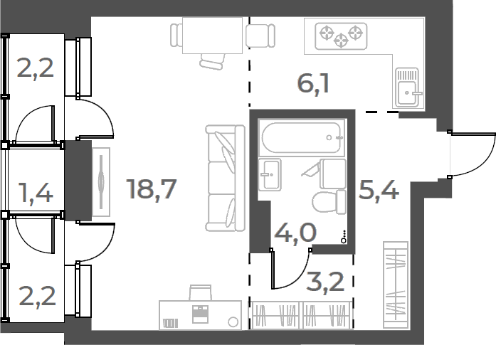 Планировка студии 37.40 м² в ЖК «Нормандия-Неман»