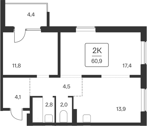Планировка 2-к. квартира 56.50 м² в ЖК «Квартал Цветной Бульвар»