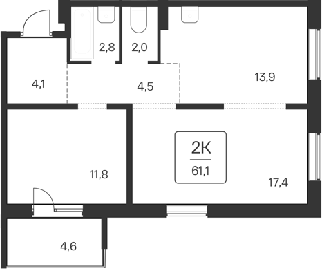 Планировка 2-к.кв 56.50 м² в ЖК «Квартал Цветной Бульвар»