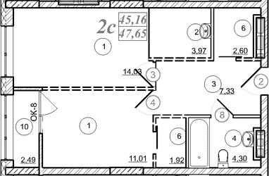 Планировка 2е-к.кв 45.16 м² в ЖК «Астон. Шесть Звезд»