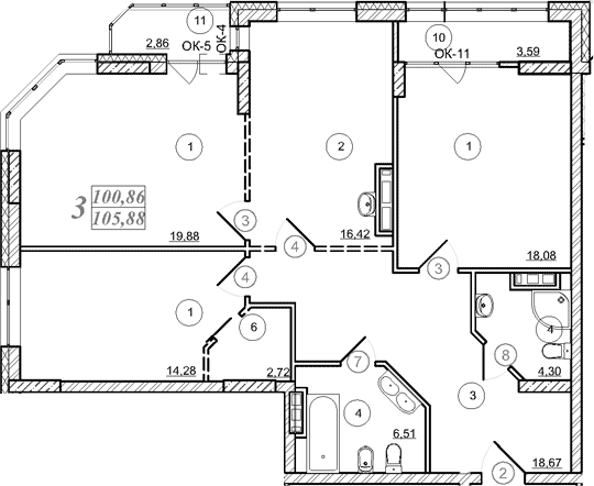 Планировка 3-к.кв 100.90 м² в ЖК «Астон. Шесть Звезд»
