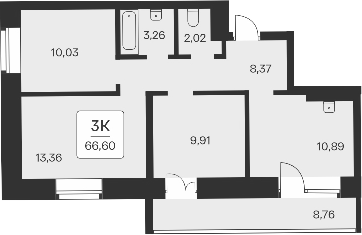 Планировка 3-к.кв 57.84 м² в ЖК «Сакура парк»