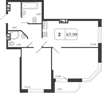 Планировка 2-к.кв 67.99 м² в ЖК «Астон. Шесть Звезд»