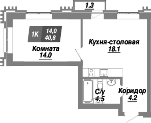 Планировка 1-к. квартира 40.80 м² в ЖК «Калининский квартал»