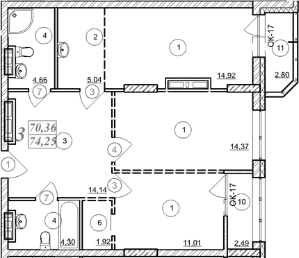 Планировка 3е-к.кв 70.40 м² в ЖК «Астон. Шесть Звезд»