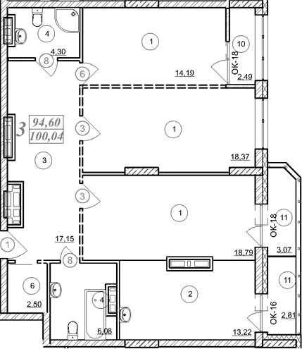 Планировка 3-к.кв 94.58 м² в ЖК «Астон. Шесть Звезд»