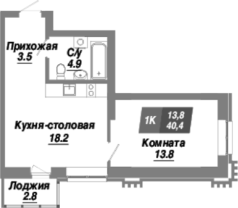 Планировка 1-к. квартира 40.40 м² в ЖК «Калининский квартал»