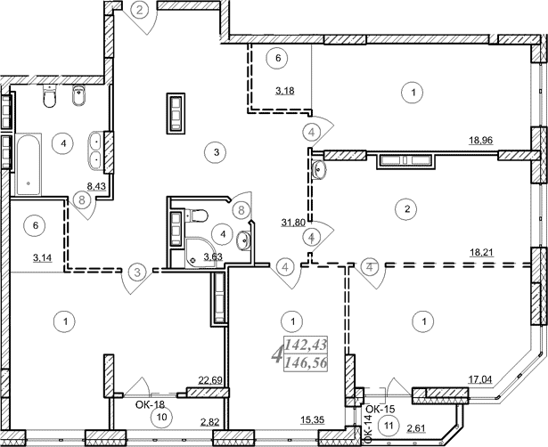 Планировка 4-к.кв 142.47 м² в ЖК «Астон. Шесть Звезд»