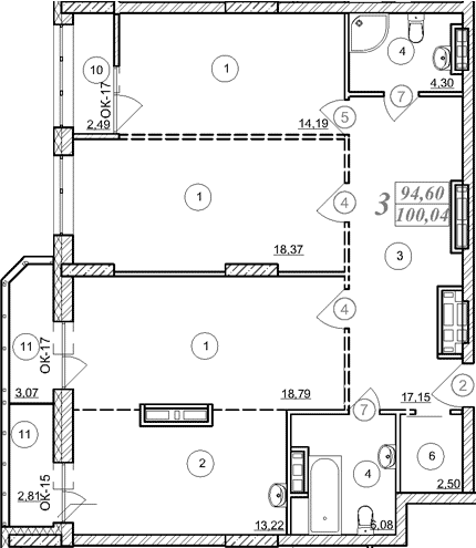 Планировка 3-к.кв 94.08 м² в ЖК «Астон. Шесть Звезд»