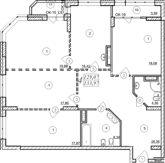 Планировка 4-к.кв 129.10 м² в ЖК «Астон. Шесть Звезд»