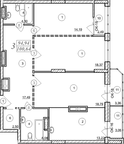 Планировка 3-к.кв 94.93 м² в ЖК «Астон. Шесть Звезд»