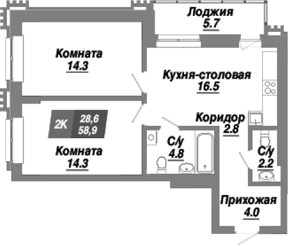 Планировка 2-к. квартира 58.90 м² в ЖК «Калининский квартал»