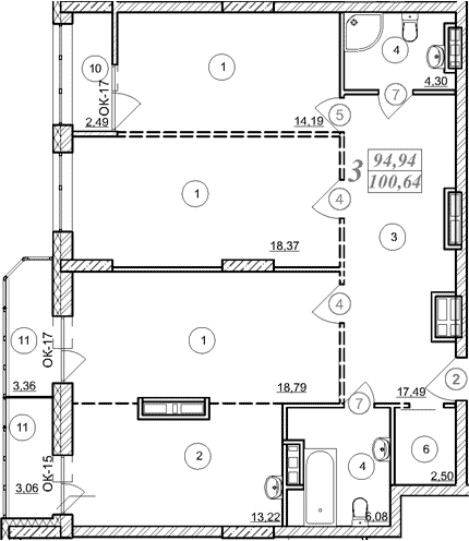 Планировка 3-к.кв 94.93 м² в ЖК «Астон. Шесть Звезд»
