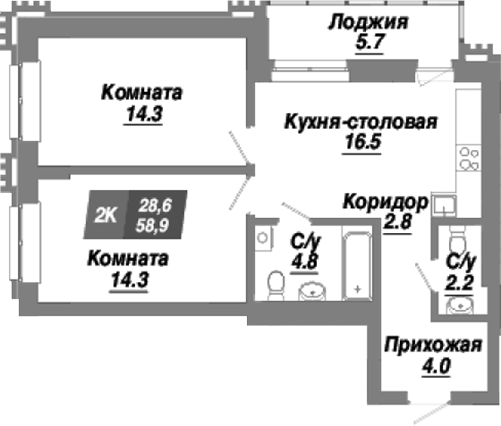 Планировка 2-к. квартира 58.90 м² в ЖК «Калининский квартал»