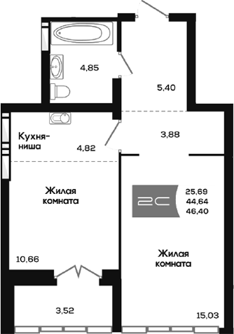 Планировка 2е-к.кв 44.64 м² в ЖК «Салют»