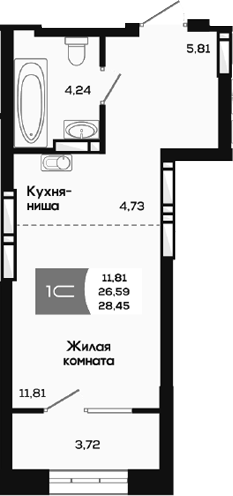 Планировка студии 26.59 м² в ЖК «Салют»