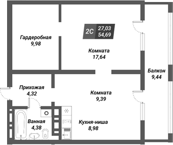Планировка 2е-к.кв 54.69 м² в ЖК «Менделеев. ГК СМСС»