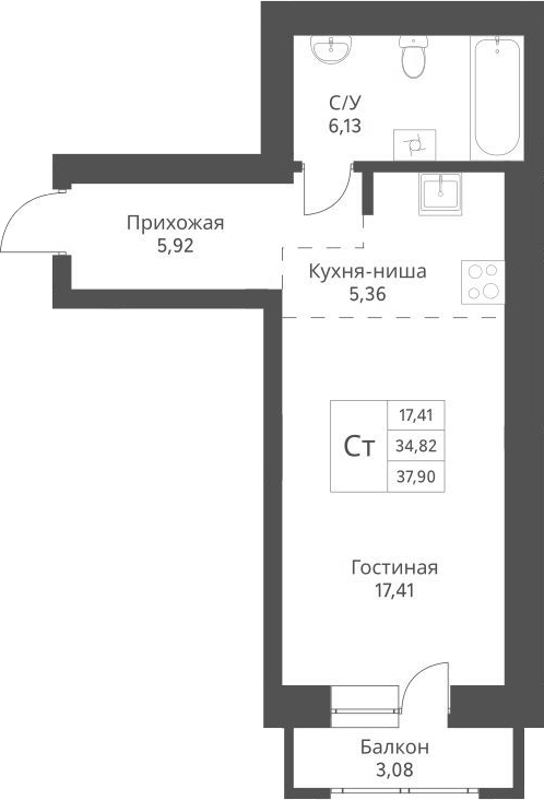 Планировка студии 34.82 м² в ЖК «Актив»