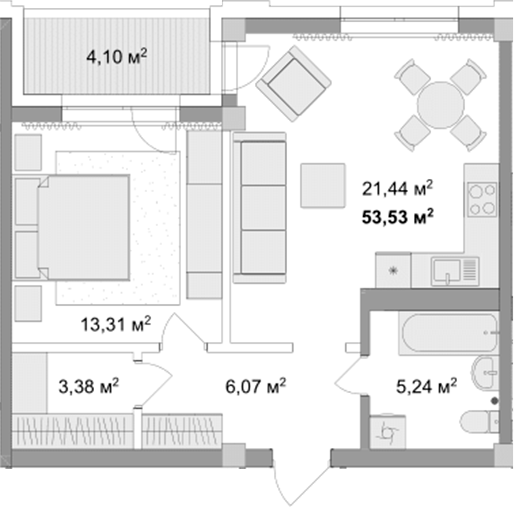 Планировка 1-к.кв 51.48 м² в ЖК «Мегаполис»