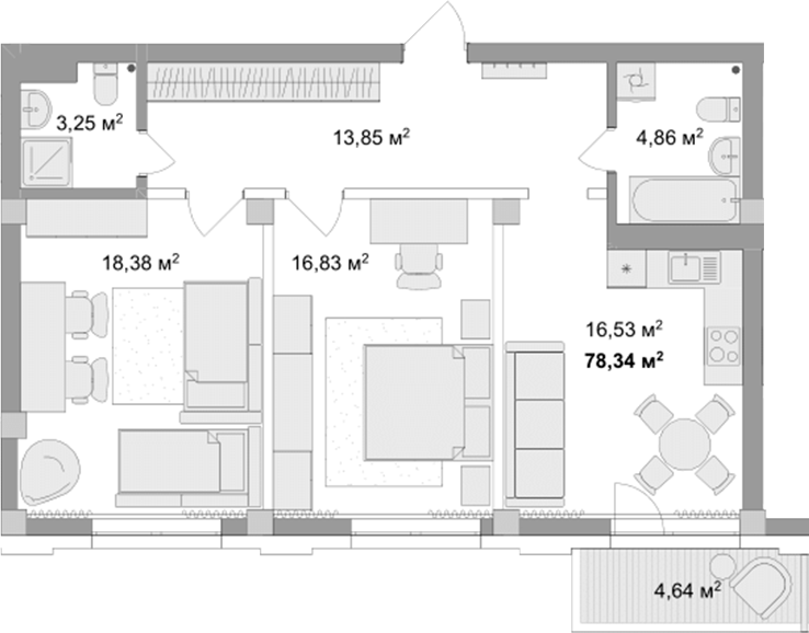 Планировка 3е-к.кв 76.95 м² в ЖК «Мегаполис»