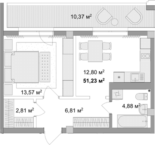 Планировка 1-к.кв 46.04 м² в ЖК «Мегаполис»