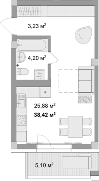 Планировка студия 35.87 м² в ЖК «Мегаполис»