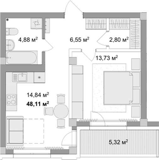 Планировка 1-к.кв 45.45 м² в ЖК «Мегаполис»