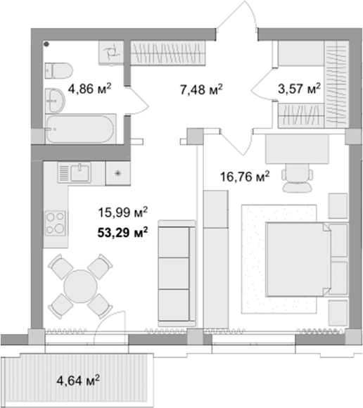 Планировка 2е-к.кв 51.90 м² в ЖК «Мегаполис»