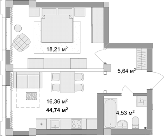 Планировка 1-к.кв 44.74 м² в ЖК «Мегаполис»